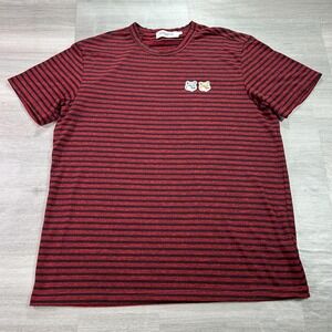 Maison Kitsune Shirt Mens Large Red Black Striped Double Fox Logo Crewneck Tee